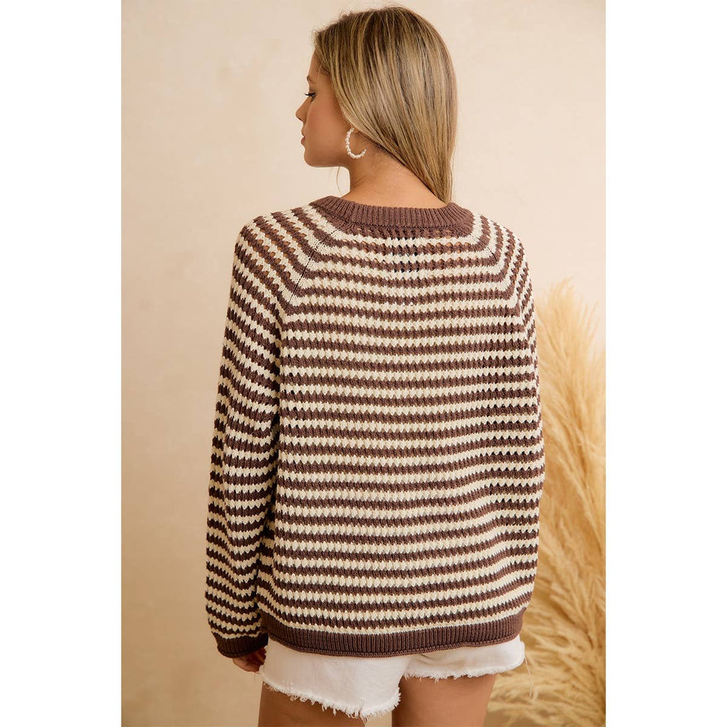 CLASSIC BROWN STRIPED RELAXED FIT KNIT PULLOVER SWEATER