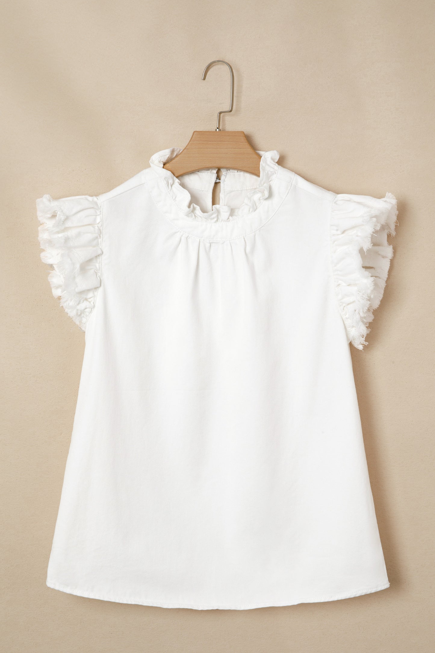Blue Frilled Collar Flutter Sleeve Denim Top