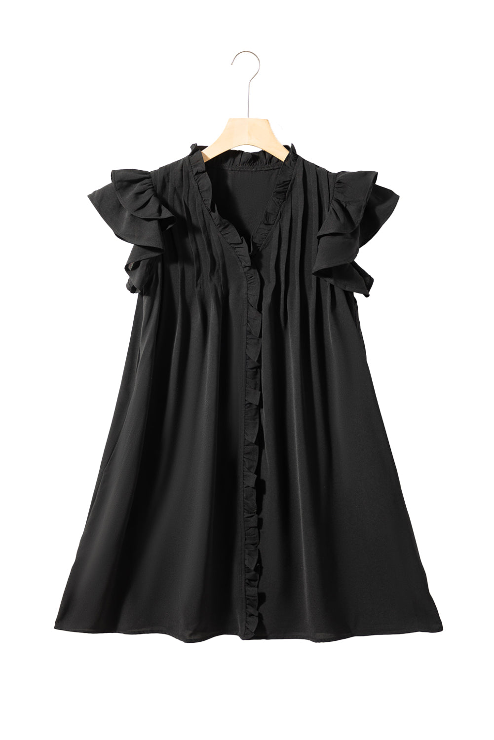 Black Ruffle Sleeve V Neck Frilled Shift Dress