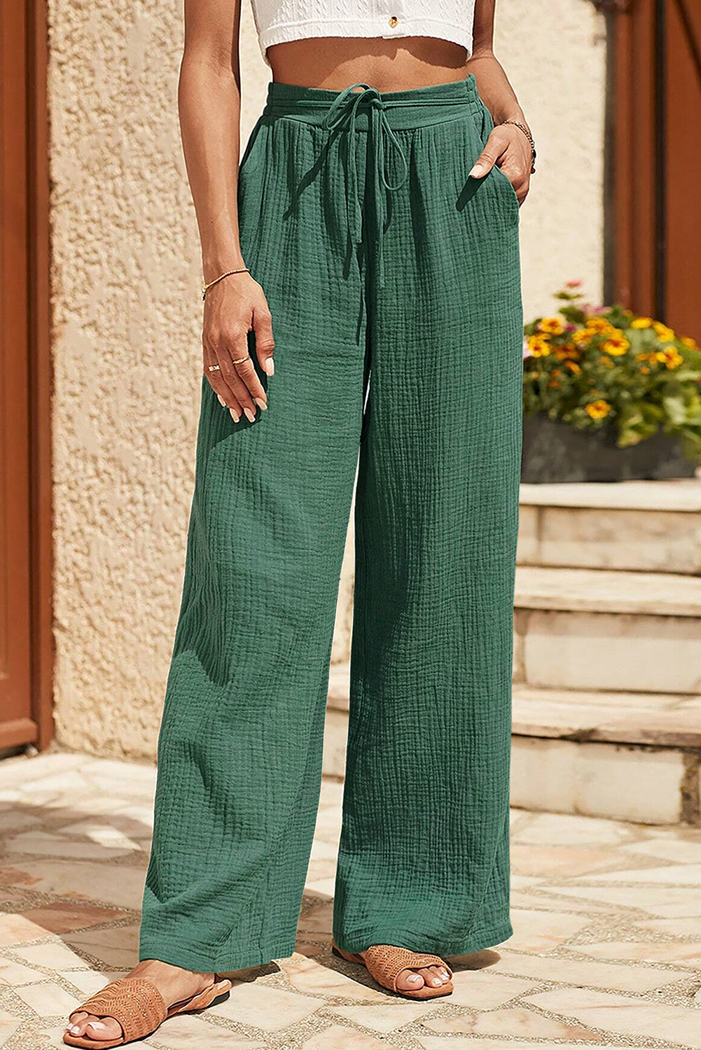 Mist Green Crinkle Textured Drawstring High Waist Wide Leg Pants