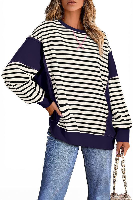 White Stripe Patchwork Exposed Seam Loose Fit Sweatshirt