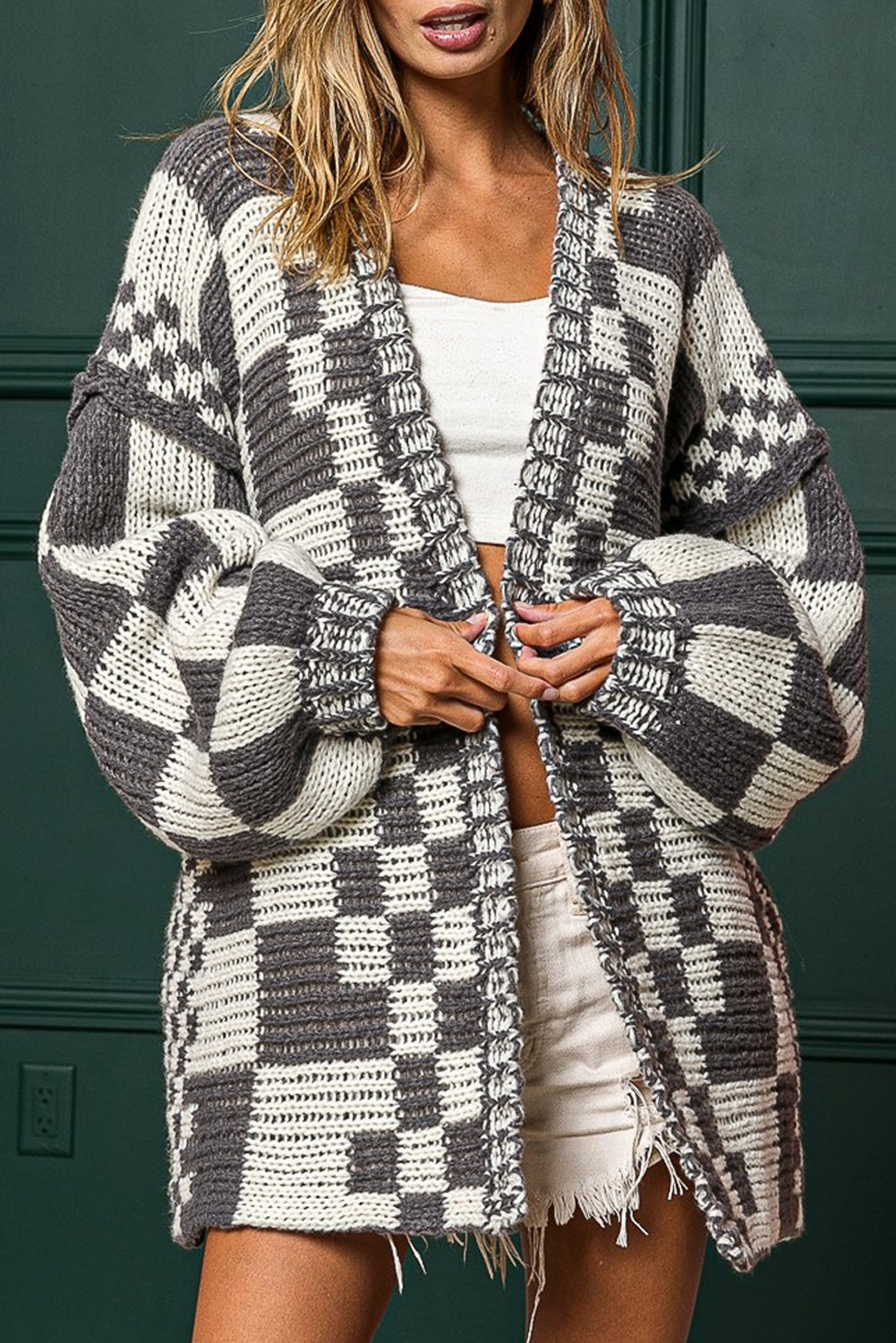 Orchid Petal Colorblock Checked Open Front Knitted Cardigan