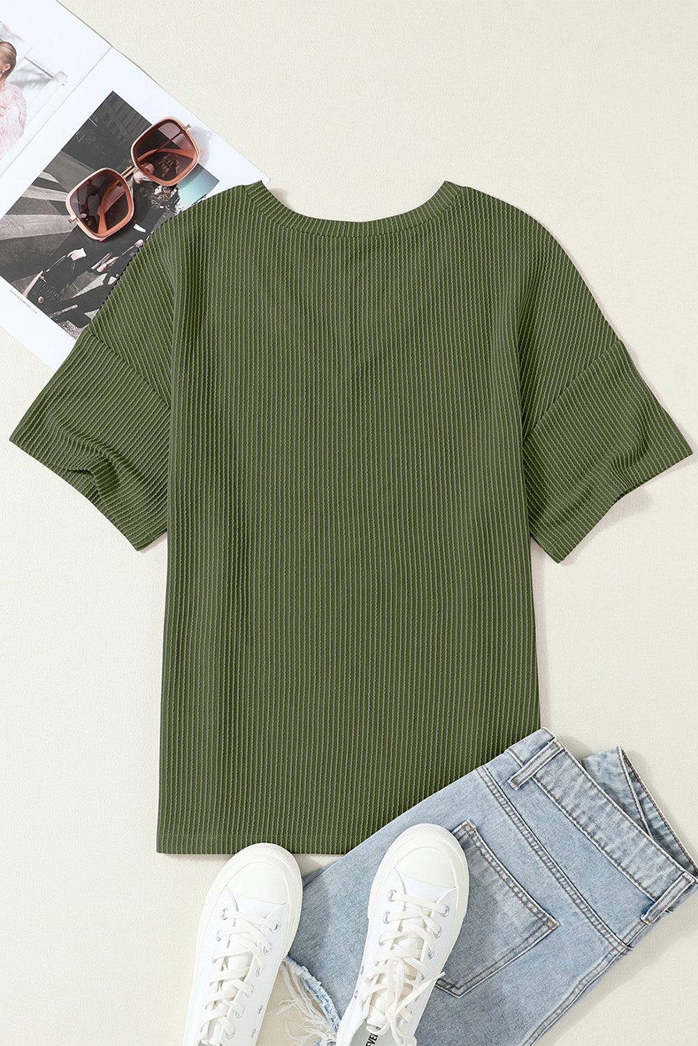 Light Grey Corded V Neck Chest Pocket Loose T-shirt