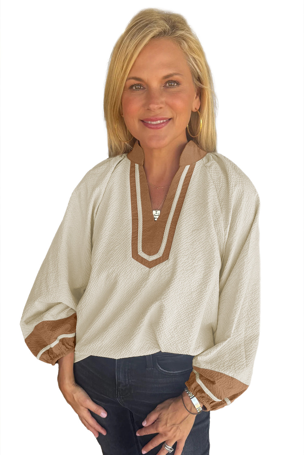 Jet Stream Colorblock Contrast V-neck Long Sleeve Blouse