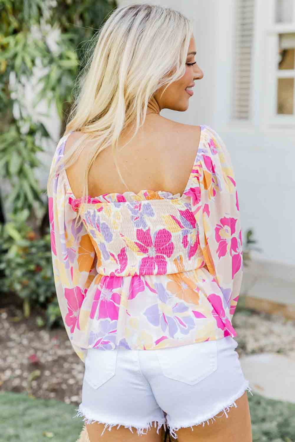 Pink Floral Print Smocked Square Neck Peplum Blouse