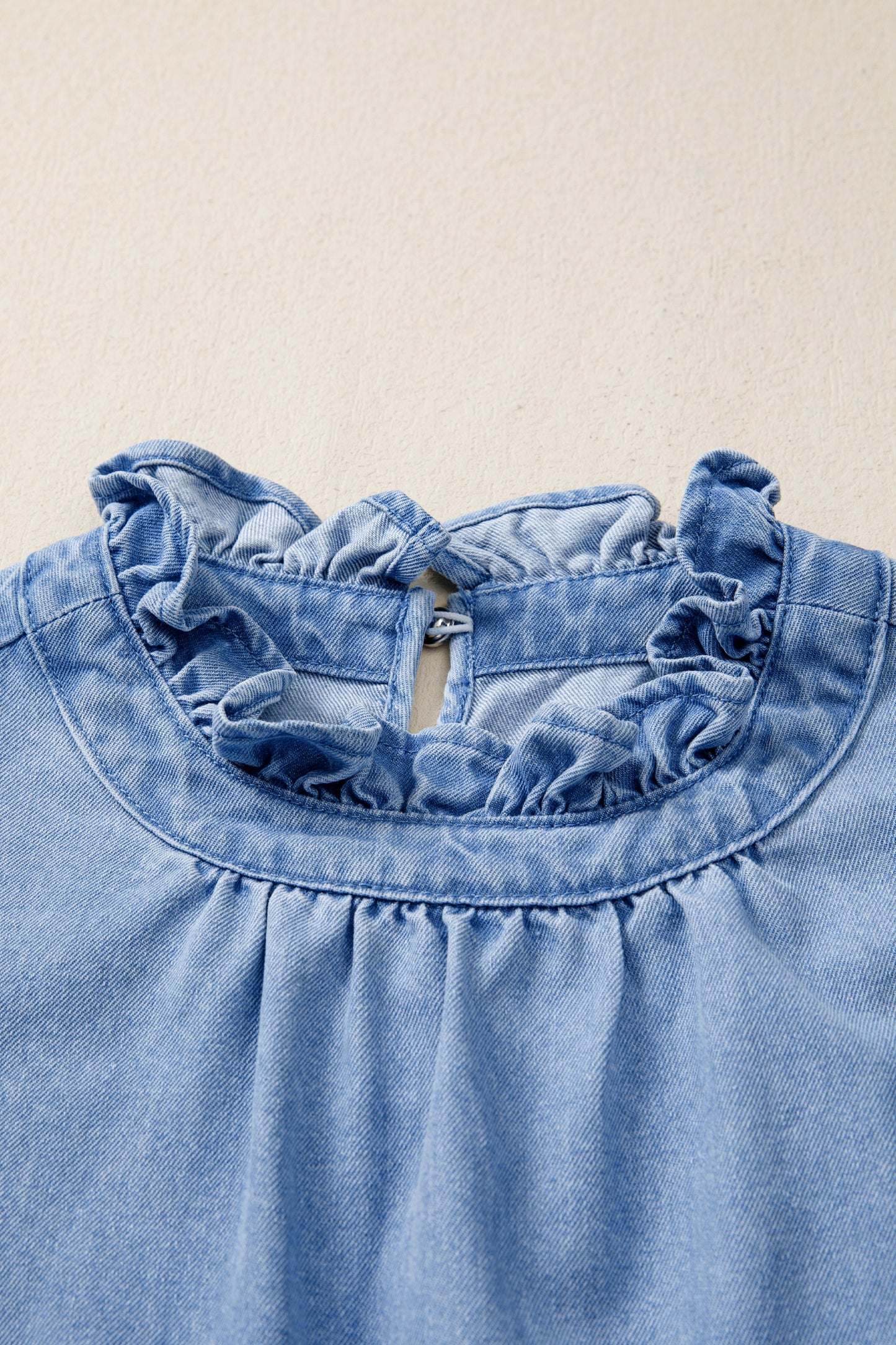 Blue Frilled Collar Flutter Sleeve Denim Top