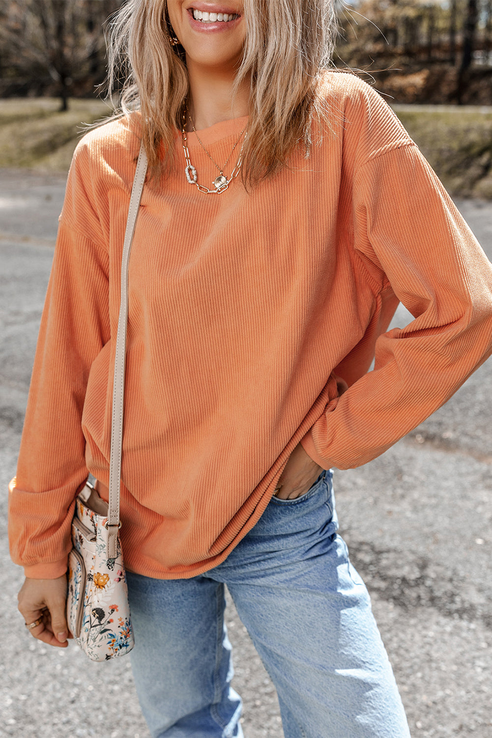 Light Grey Ribbed Corded Oversized Sweatshirt