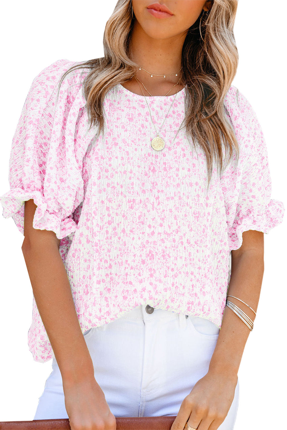 Pink Boho Floral Print Smocked Puff Sleeve Blouse