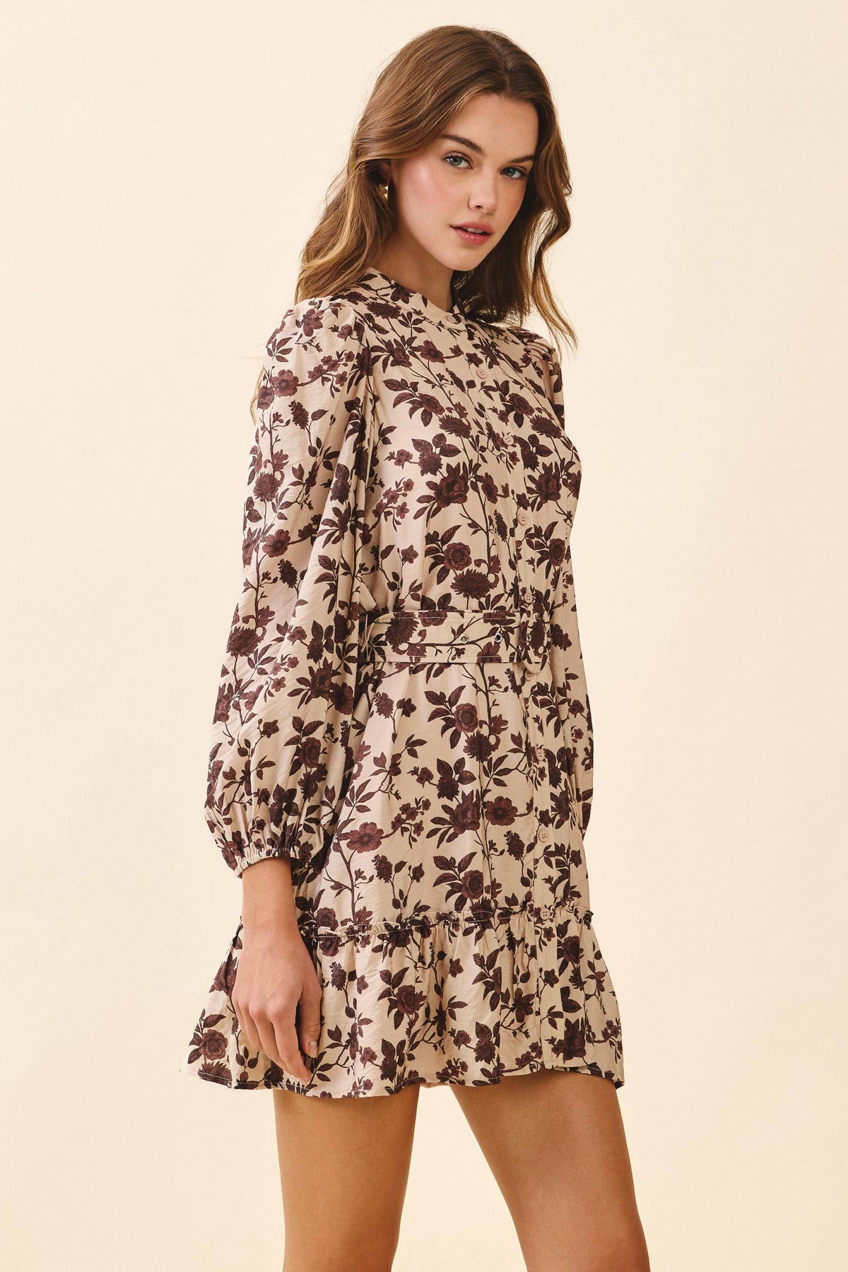 CD06392-Floral Print High Neck Removable Buckle Belt Dress