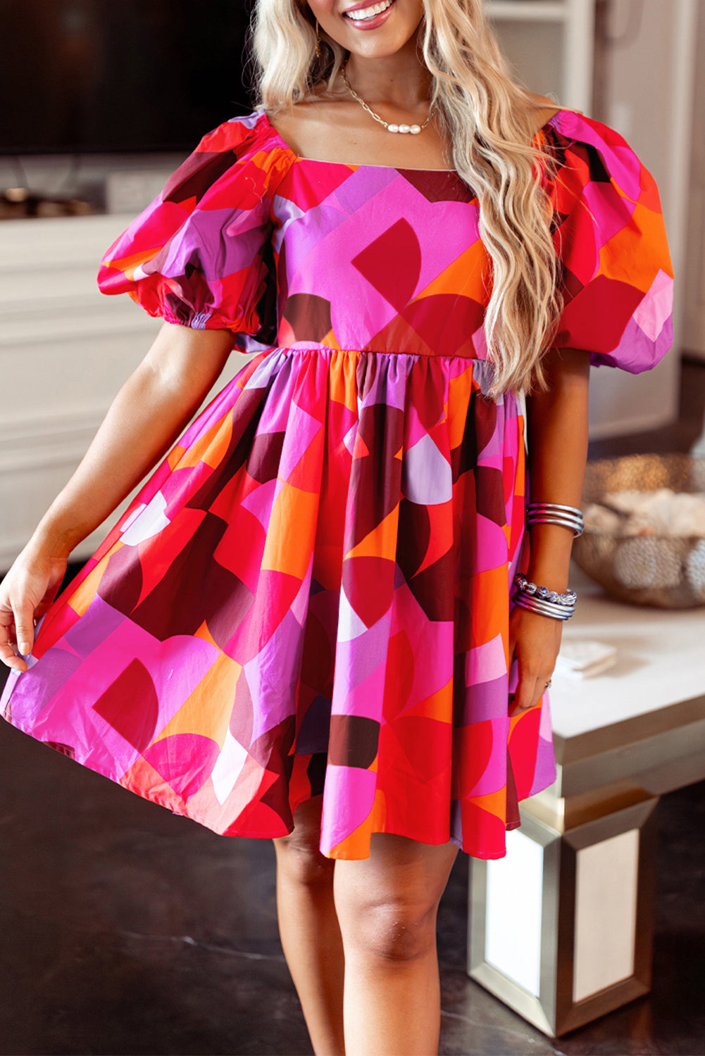 Red Abstract Print Square Neck Puff Sleeve Dress