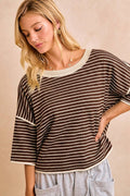 WAFFLE STRIPE WITH BINDING DETAIL RELAXED FIT TOP