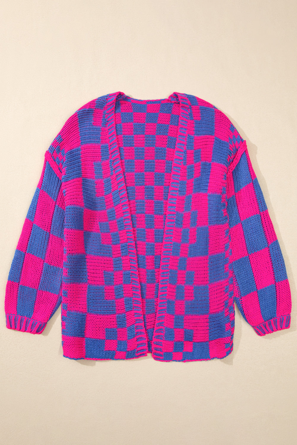 Orchid Petal Colorblock Checked Open Front Knitted Cardigan