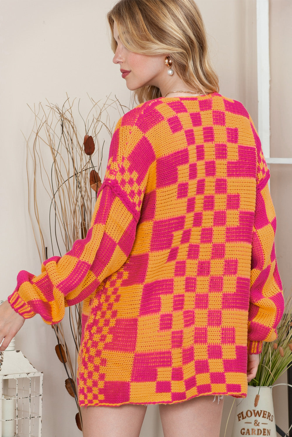 Orchid Petal Colorblock Checked Open Front Knitted Cardigan