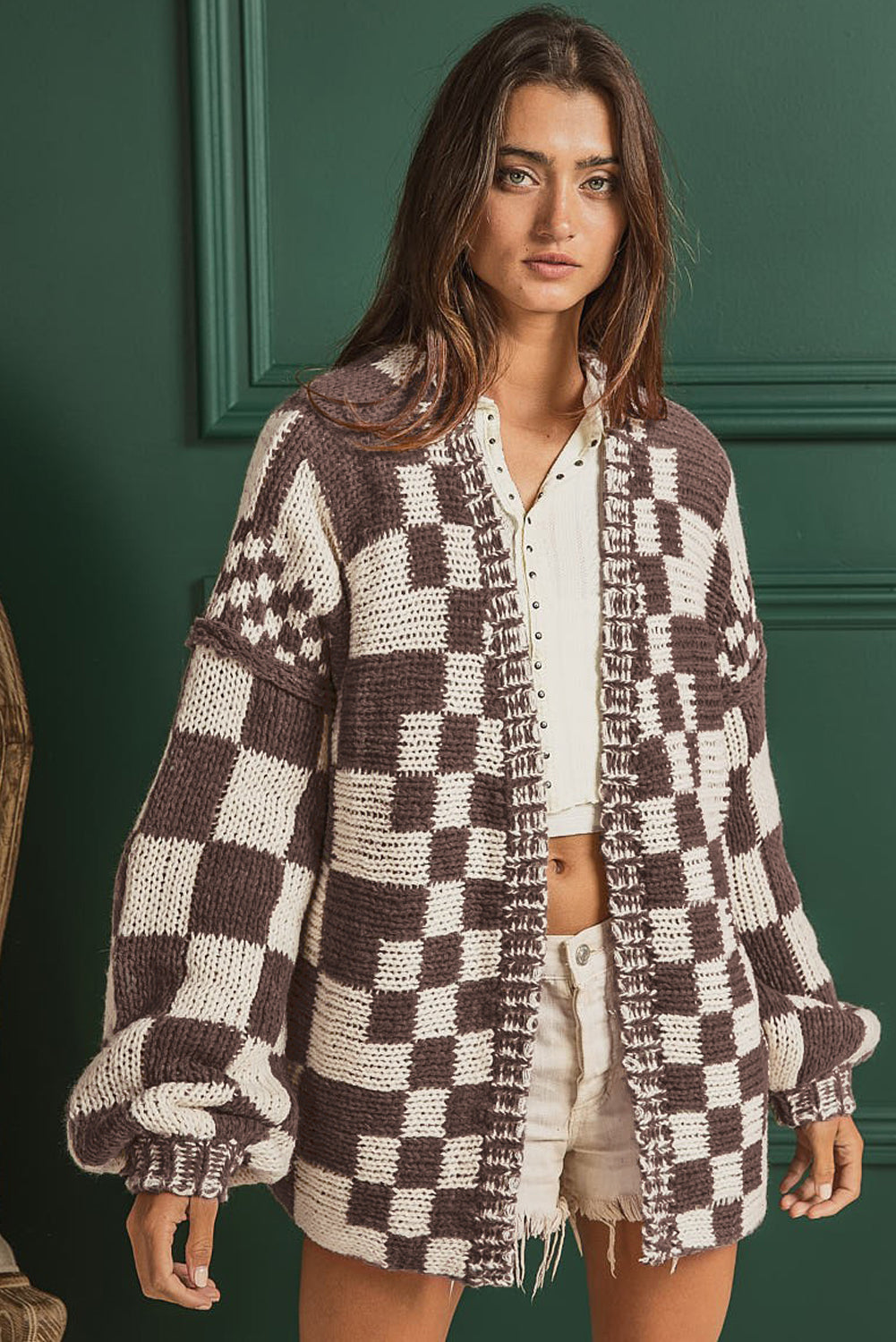 Orchid Petal Colorblock Checked Open Front Knitted Cardigan