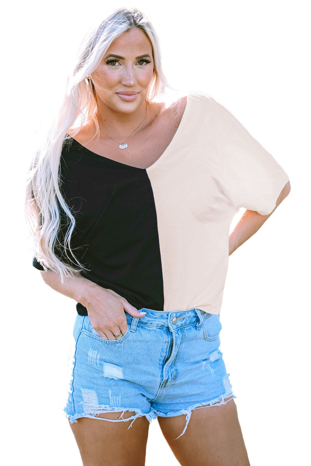 Black Plunging Twist Back Color Block Short Sleeve Top