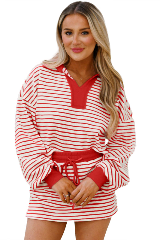 Red Stripe Collared V Neck Drop Shoulder Pullover and Skirt Set