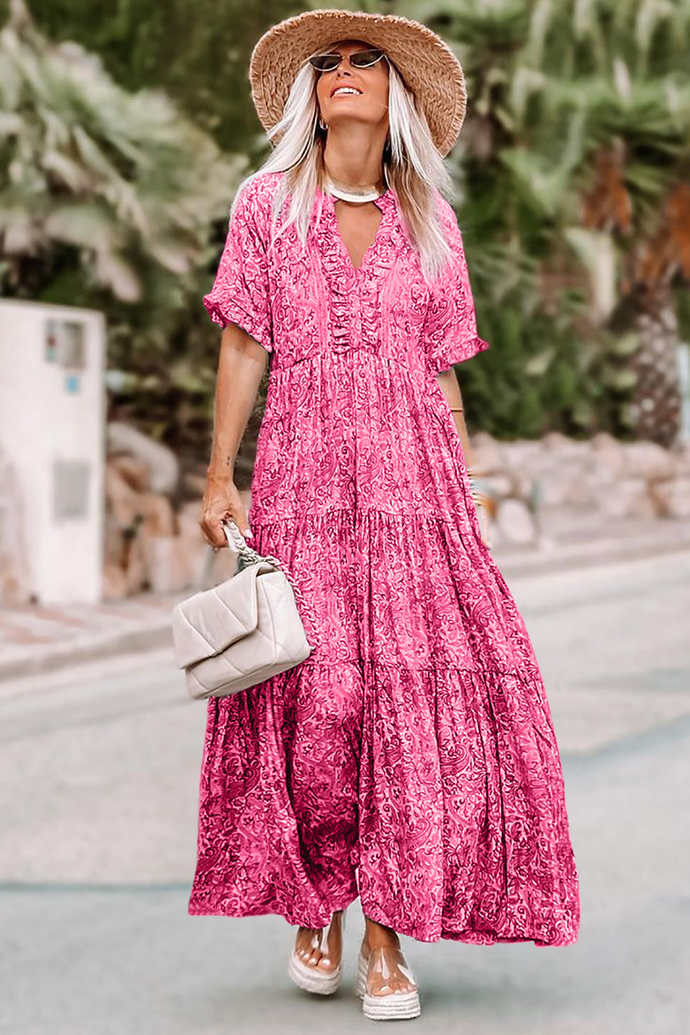 Sky Blue Paisley Print Boho Holiday Ruffle Tiered Maxi Dress