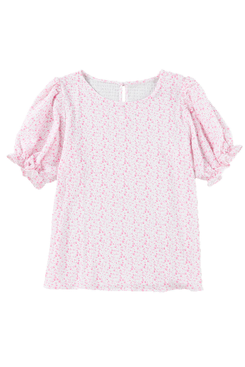 Pink Boho Floral Print Smocked Puff Sleeve Blouse