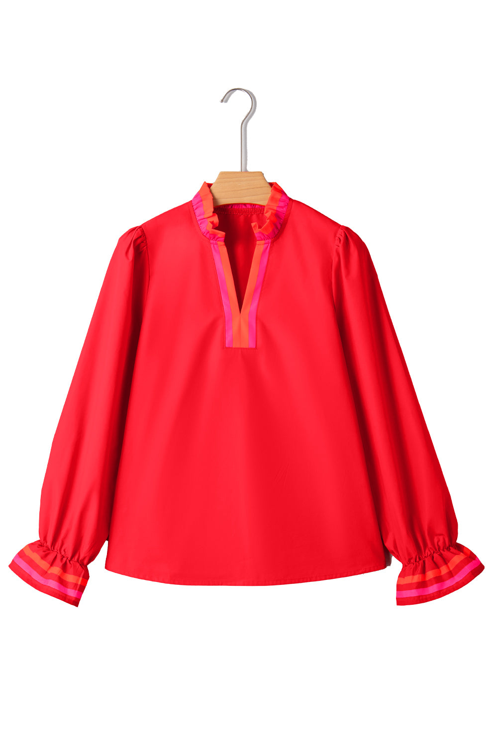 Black Striped Trim Ruffle Split Neck Long Sleeve Blouse