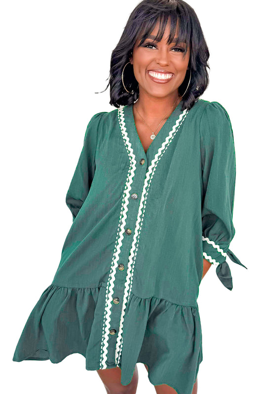 Canton Contrast Ricrac Trim Button V Neck Knotted Bracelet Sleeve Dress