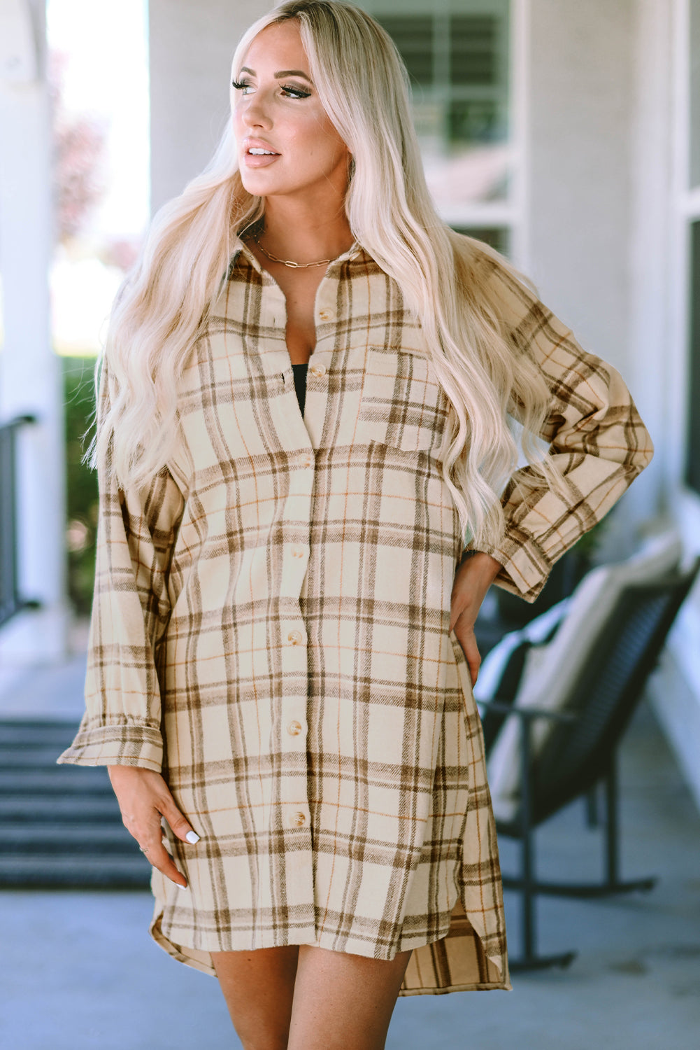 Khaki Plaid Pattern Collared Neck Ruffled Sleeve Shirt Dress