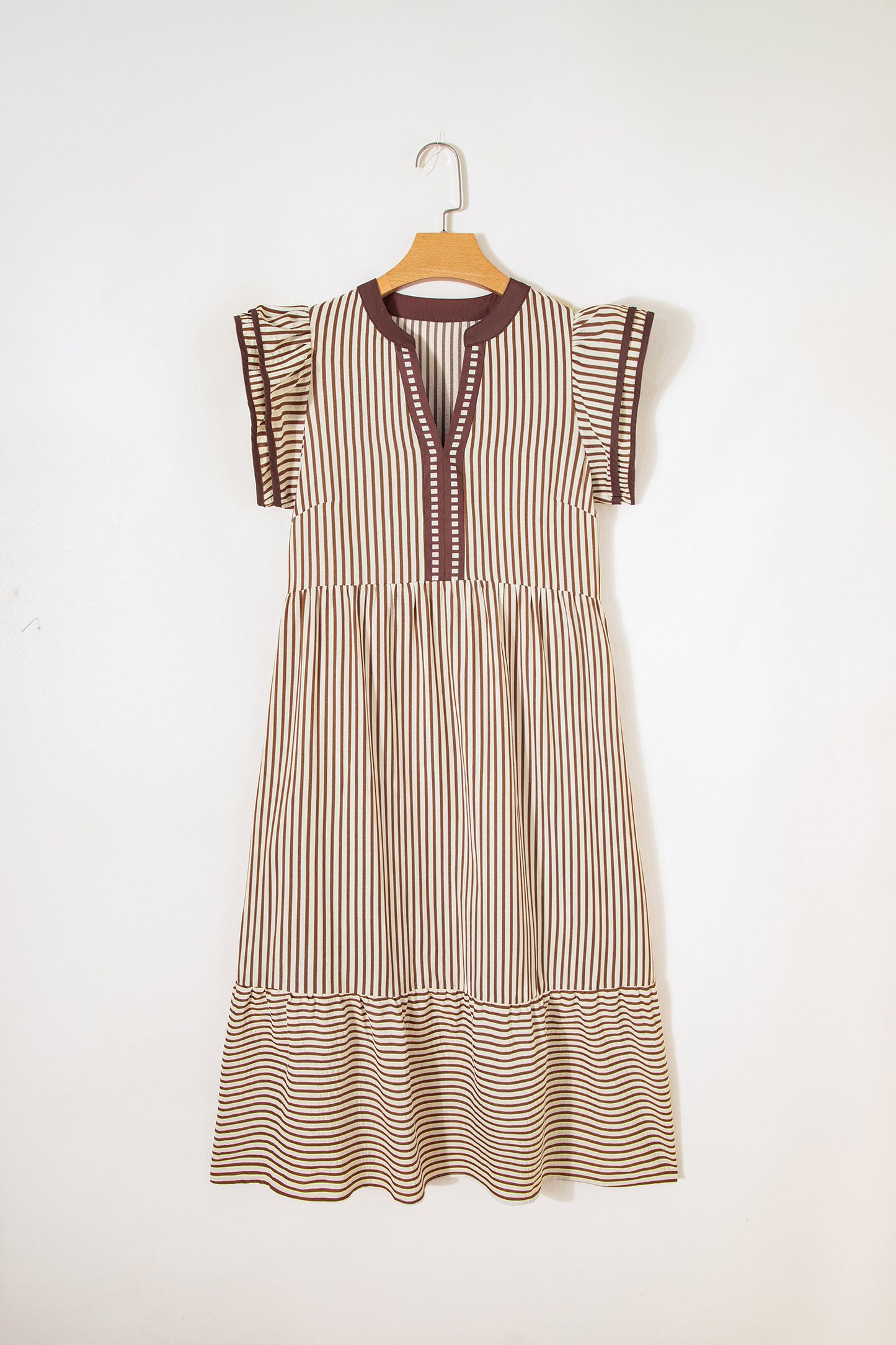 Green Stripe Double Ruffled Short Sleeve Contrast Trim V Neck Midi Dress