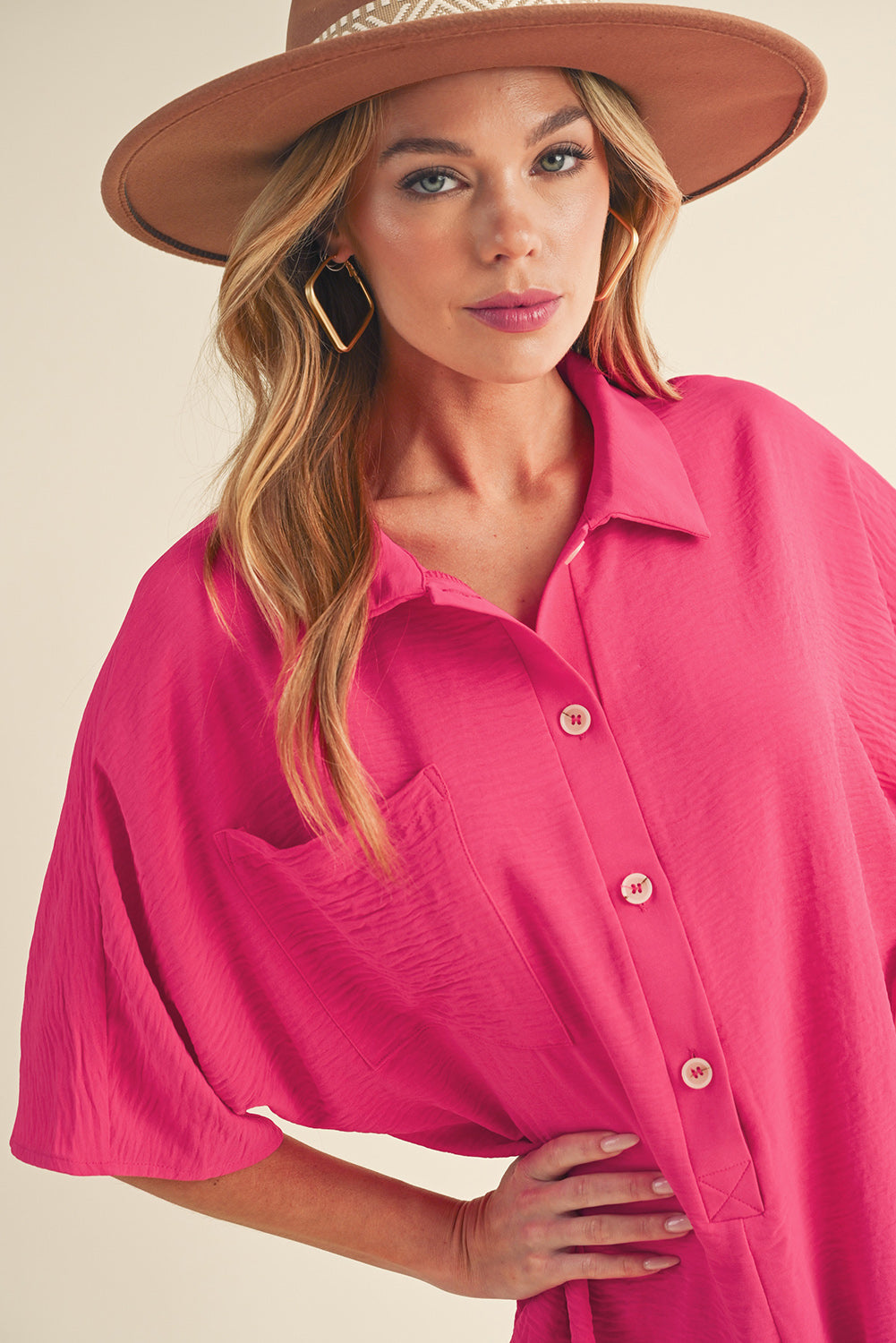 Bright Pink Plain Half Button Collared Pocket Loose Romper