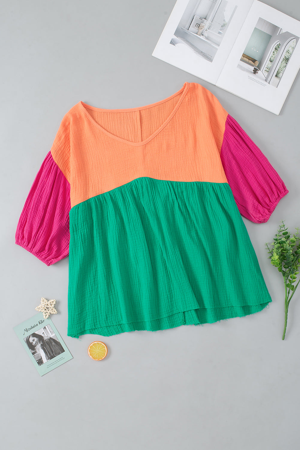 Multicolor Gauze Boho Top Lantern Sleeve Color Block Blouse