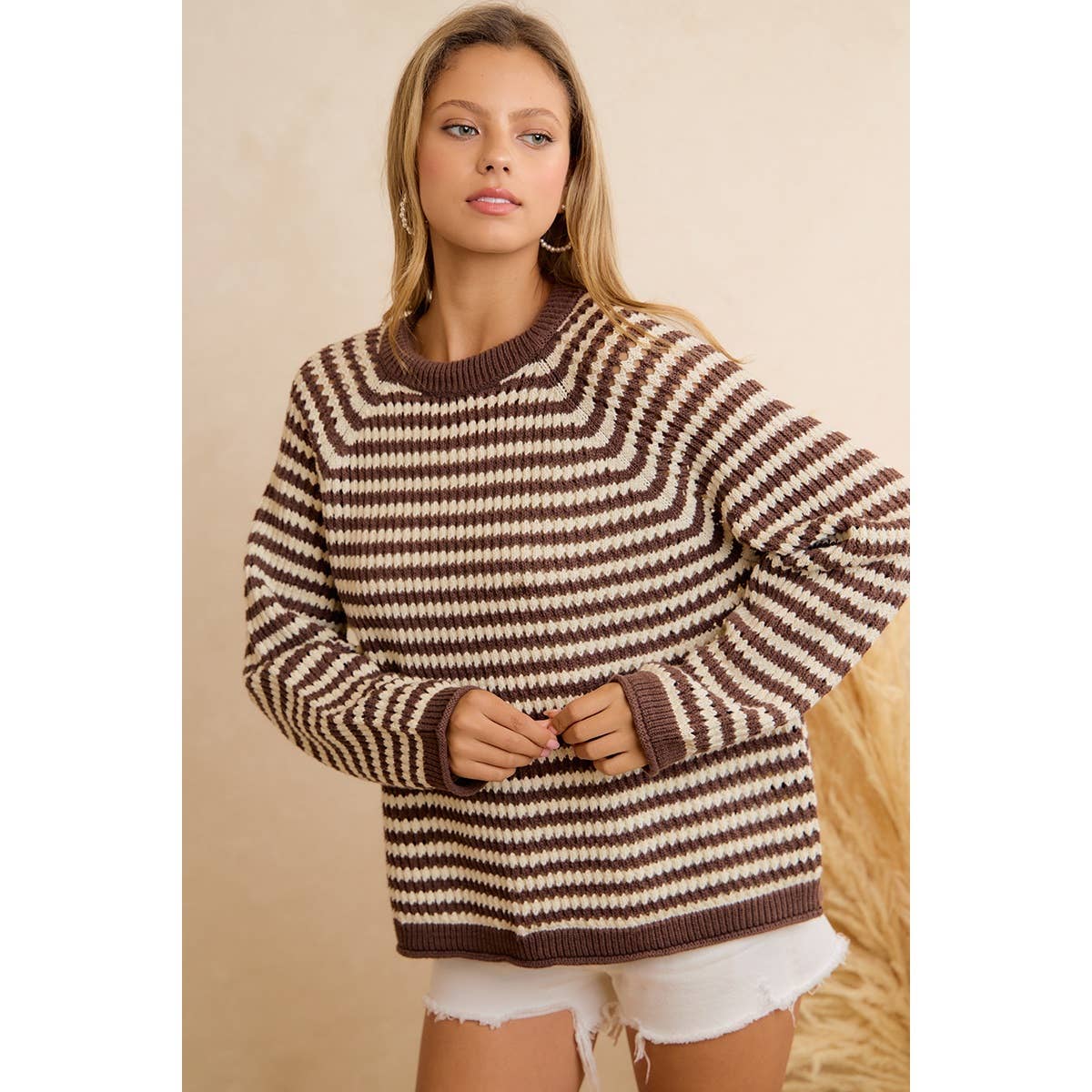 CLASSIC BROWN STRIPED RELAXED FIT KNIT PULLOVER SWEATER