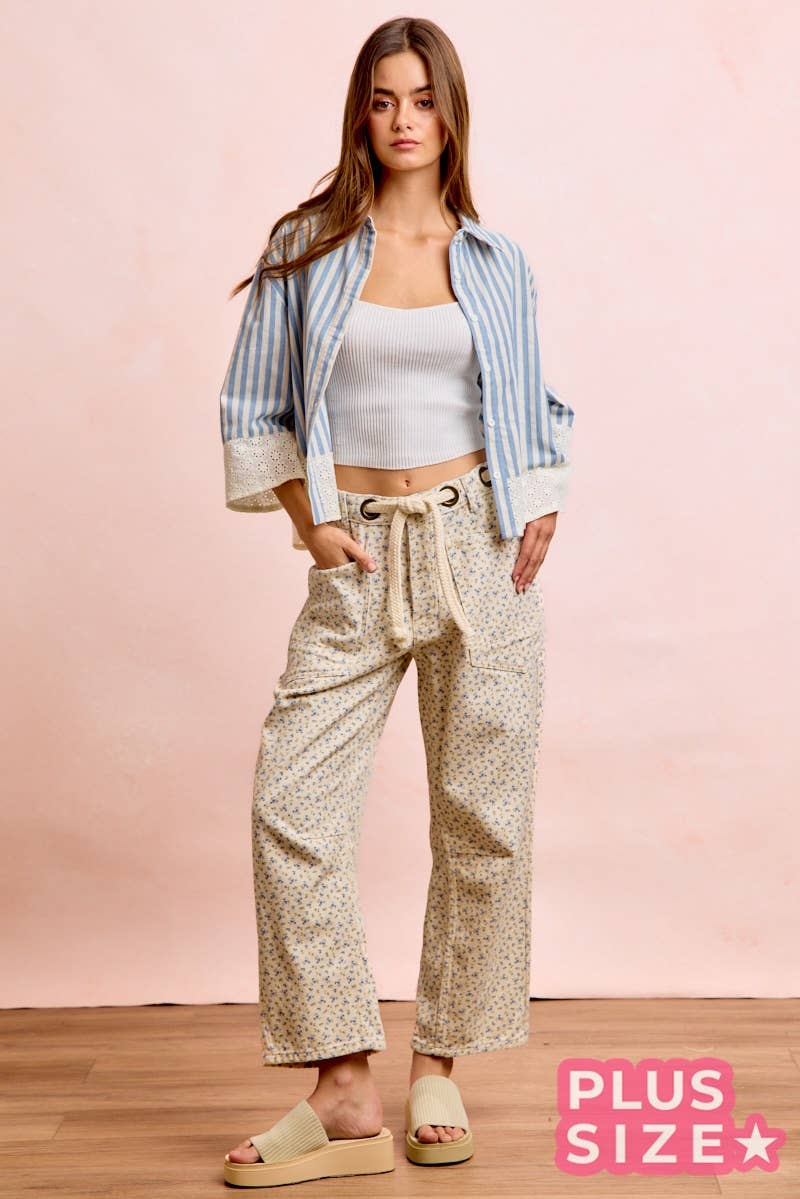 PLUS BRAIDED WAIST BELT PATCH POCKETS FLORAL PRINT PANT