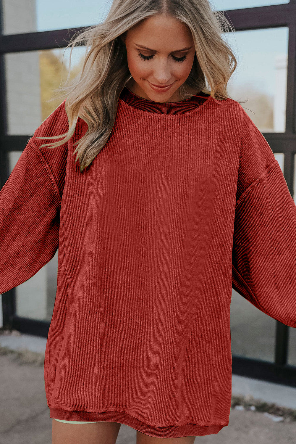 Light Grey Ribbed Corded Oversized Sweatshirt