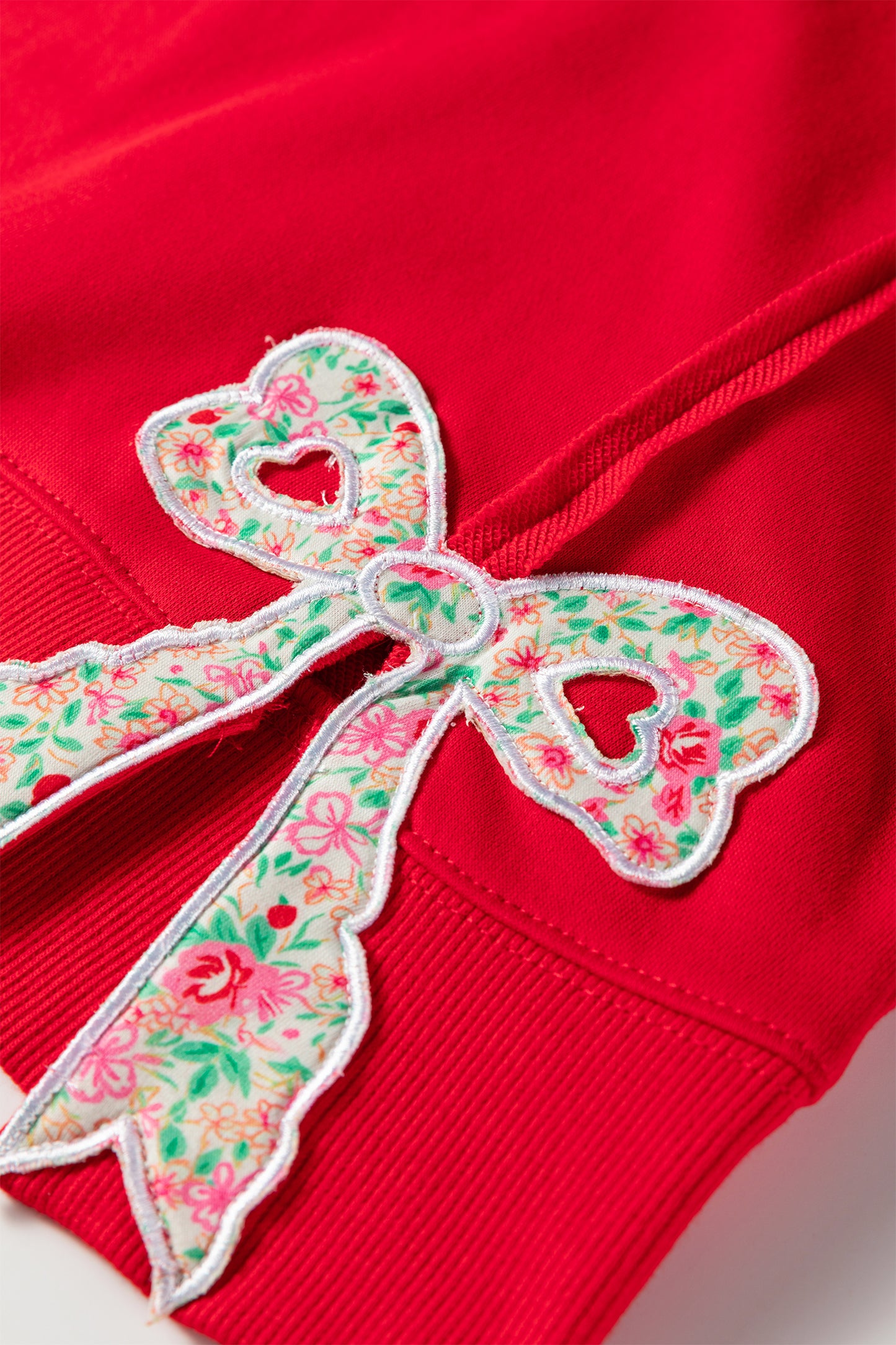 Pink Floral Bow Patched Exposed Seam Patchwork Slit Baggy Sweatshirt