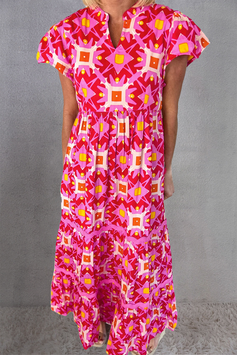 Printed Notched Cap Sleeve Dress Vogue To Vintage Boutique, LLC Printed Notched Cap Sleeve Dress Vogue To Vintage Boutique, LLC