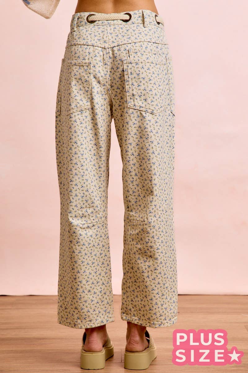 PLUS BRAIDED WAIST BELT PATCH POCKETS FLORAL PRINT PANT