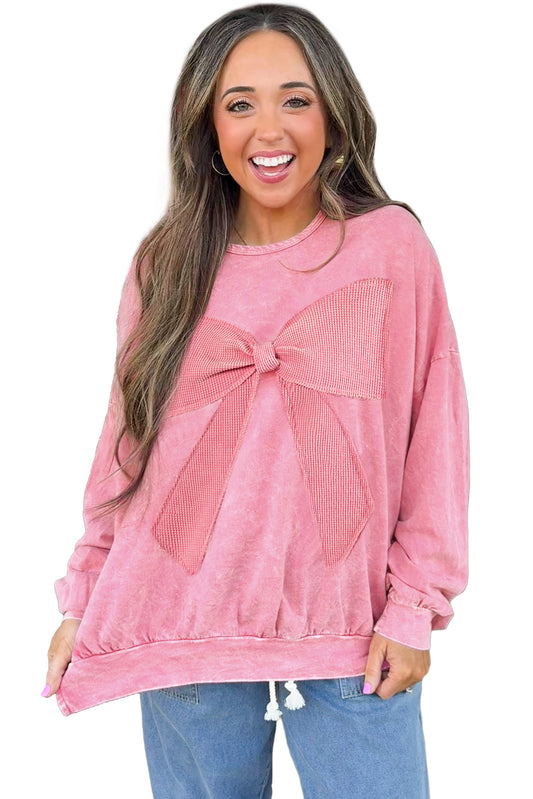 Bright Pink Mineral Wash Waffle Bow Patched Pullover Sweatshirt