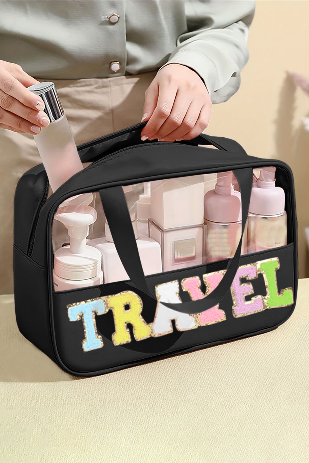 Purple TRAVEL Chenille Letter Clear PVC Makeup Bag