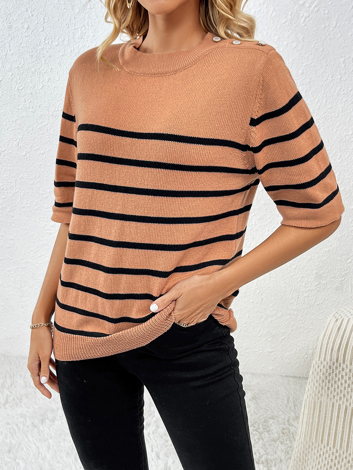 Striped Round Neck Half Sleeve Knit Top