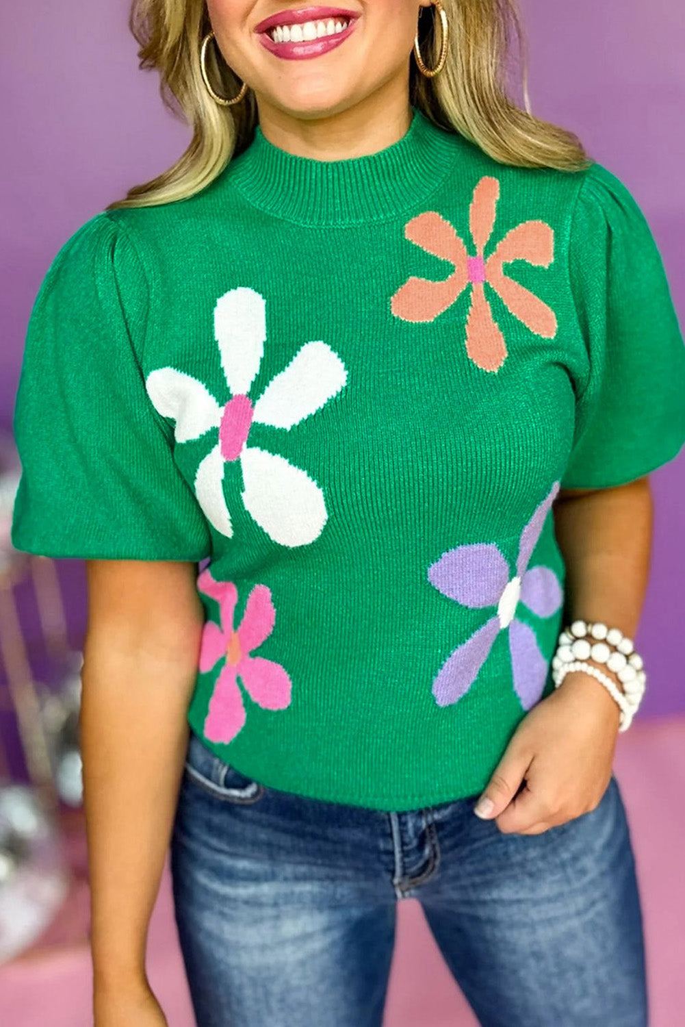 Bright Green Floral Bubble Short Sleeve Knitted Top