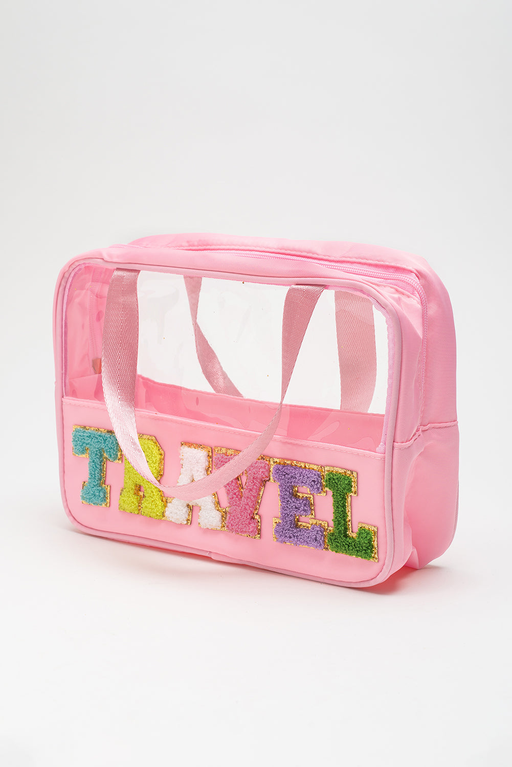 Purple TRAVEL Chenille Letter Clear PVC Makeup Bag