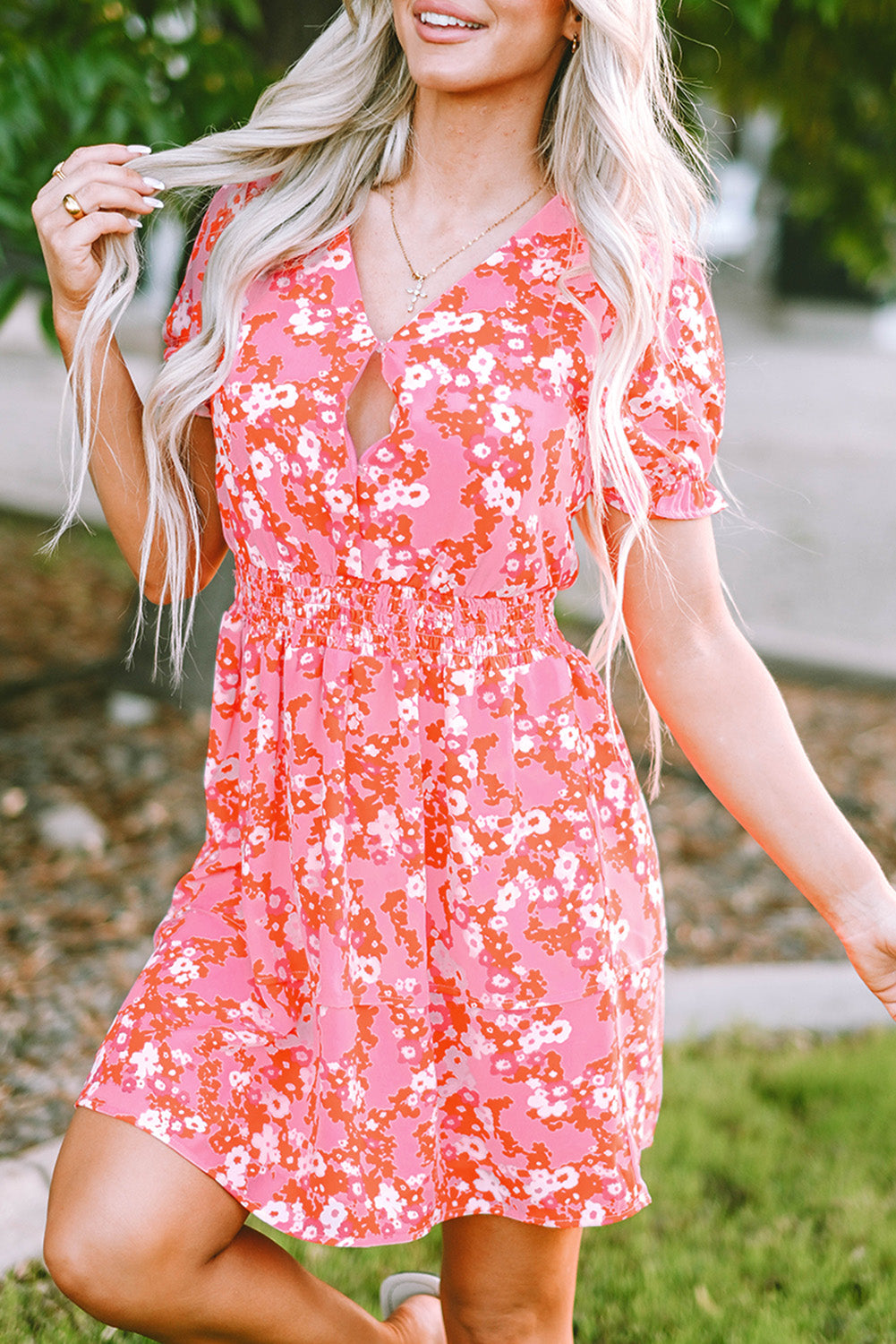Pink Floral V Neck Short Ruffle Tiered Dress