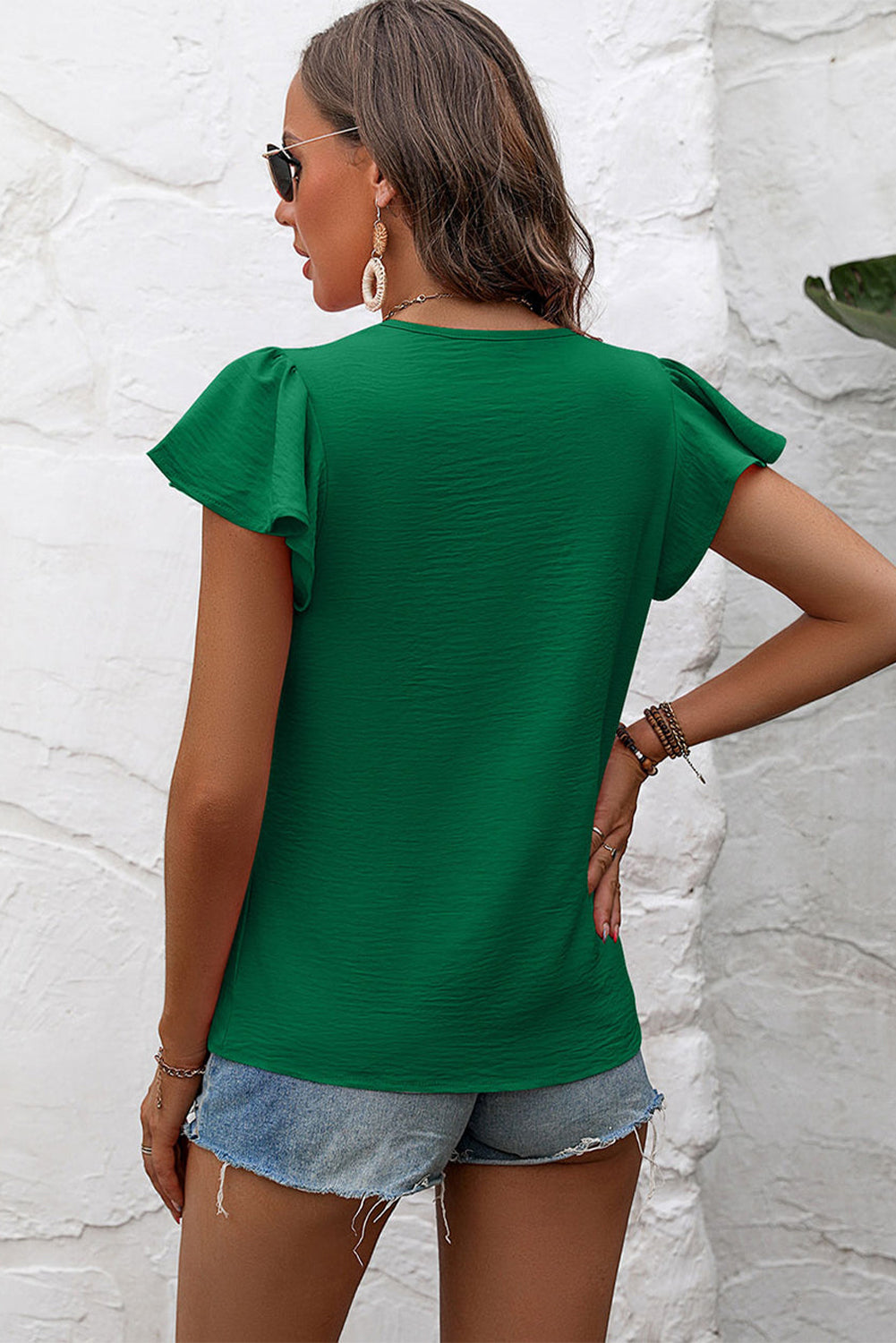 Dark Green Plain Textured Pleated Ruffle Sleeve Blouse