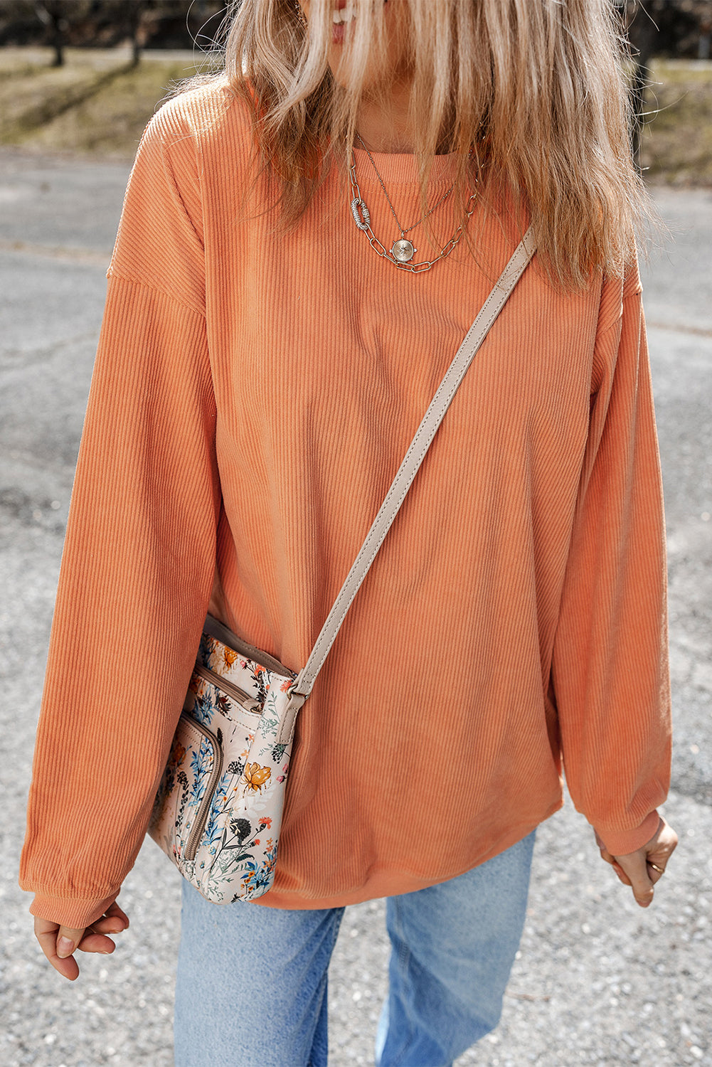 Light Grey Ribbed Corded Oversized Sweatshirt
