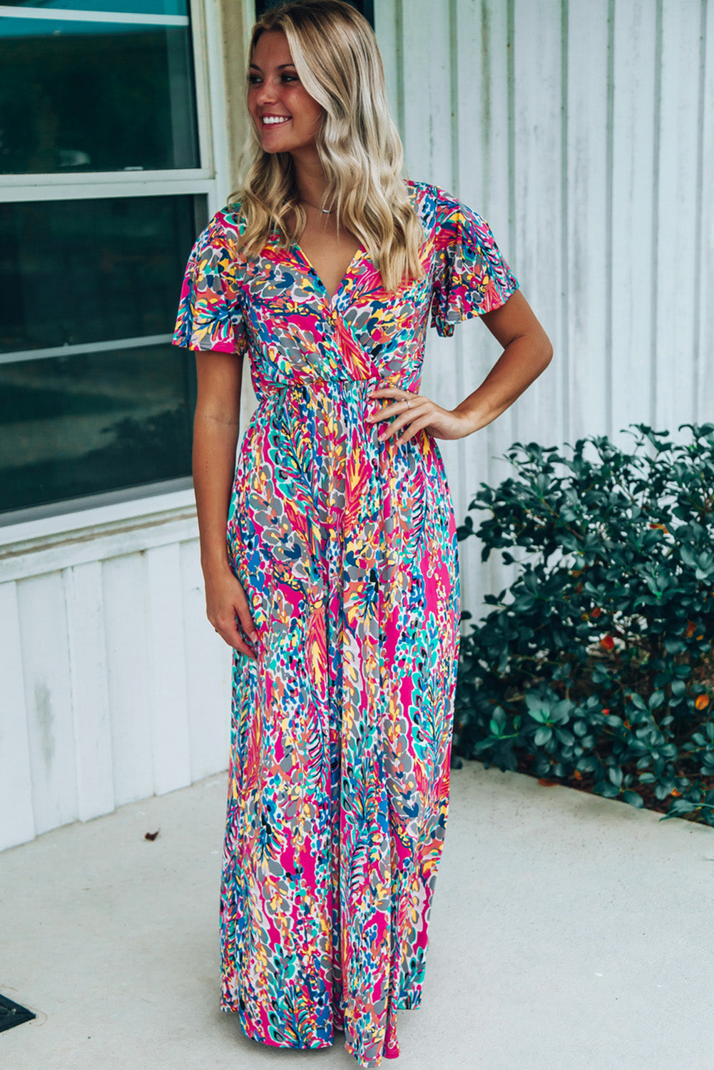 Rose Boho Abstract Print Wrap V Neck Short Sleeve Maxi Dress