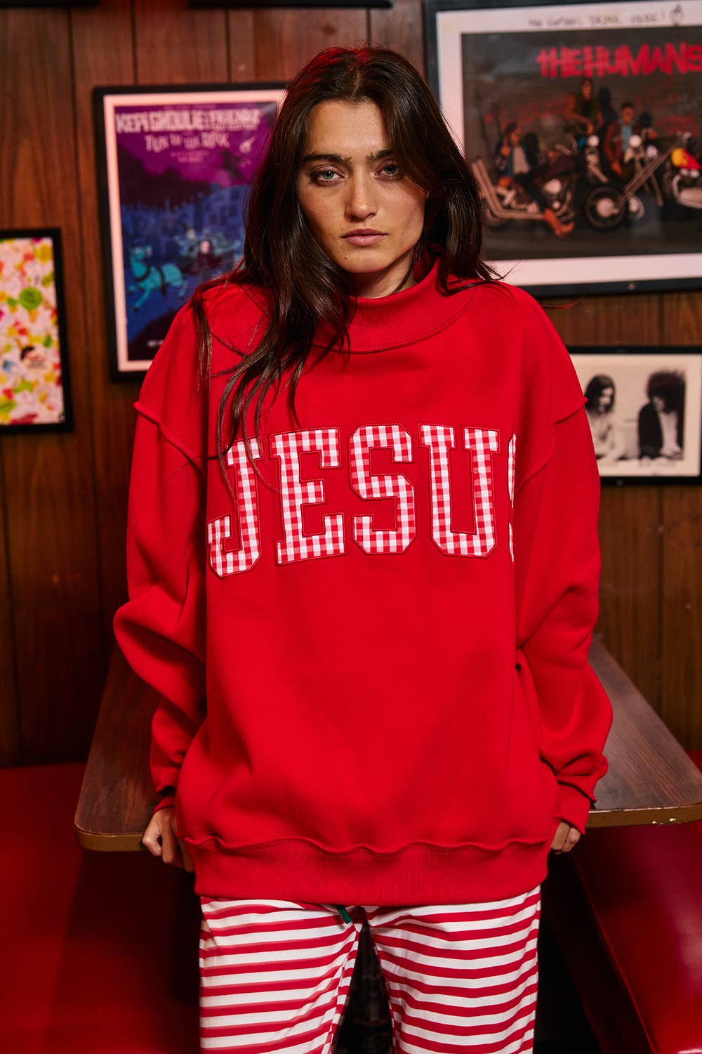 IT2594E-JESUSWT | Gingham Applique Mock-Neck Sweatshirt