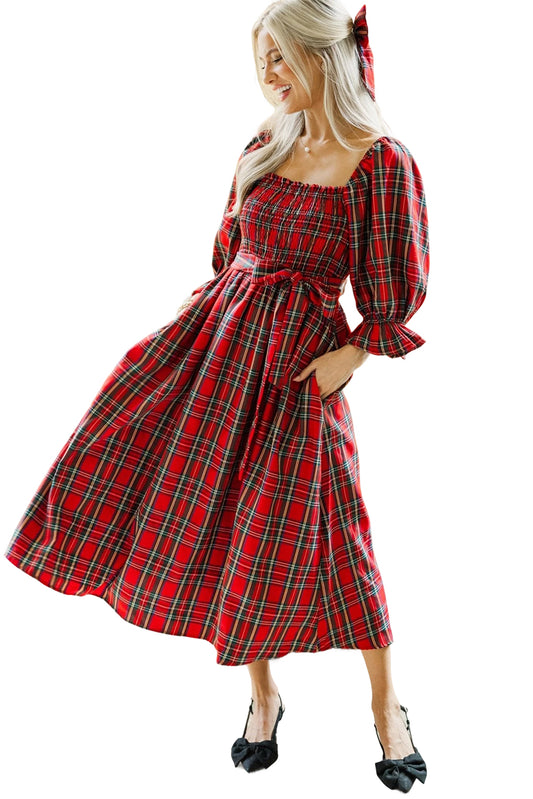 Red Plaid Square Neck Puff Sleeve Bowknot Waist Flared Midi Dress