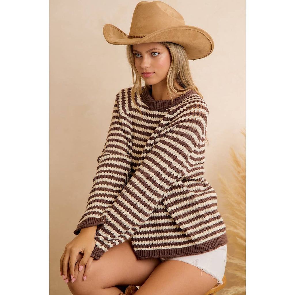 CLASSIC BROWN STRIPED RELAXED FIT KNIT PULLOVER SWEATER