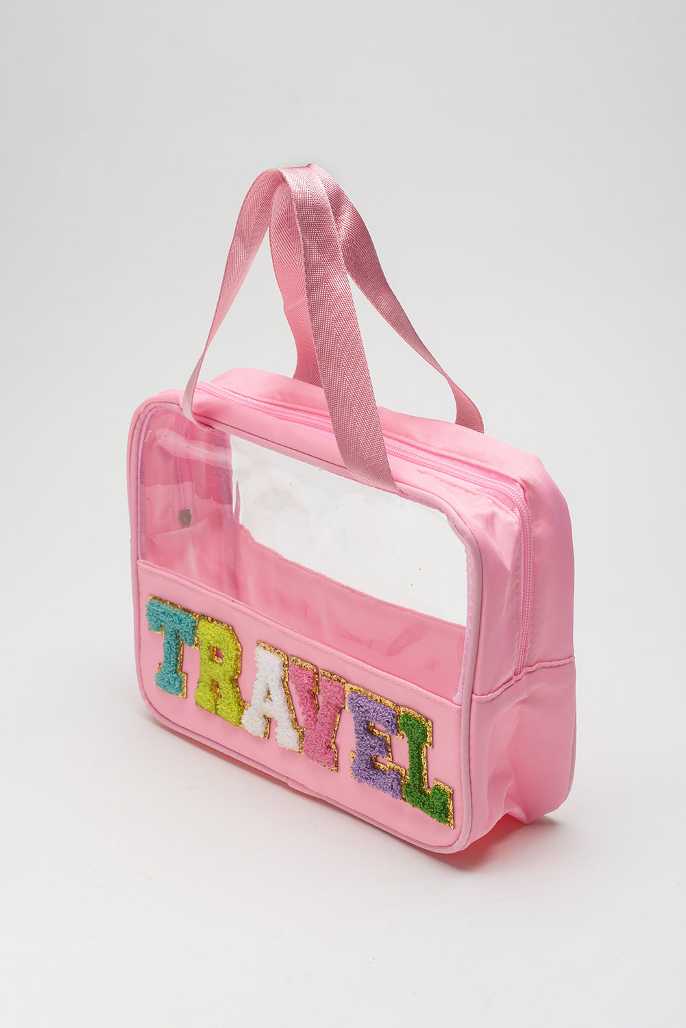 Purple TRAVEL Chenille Letter Clear PVC Makeup Bag