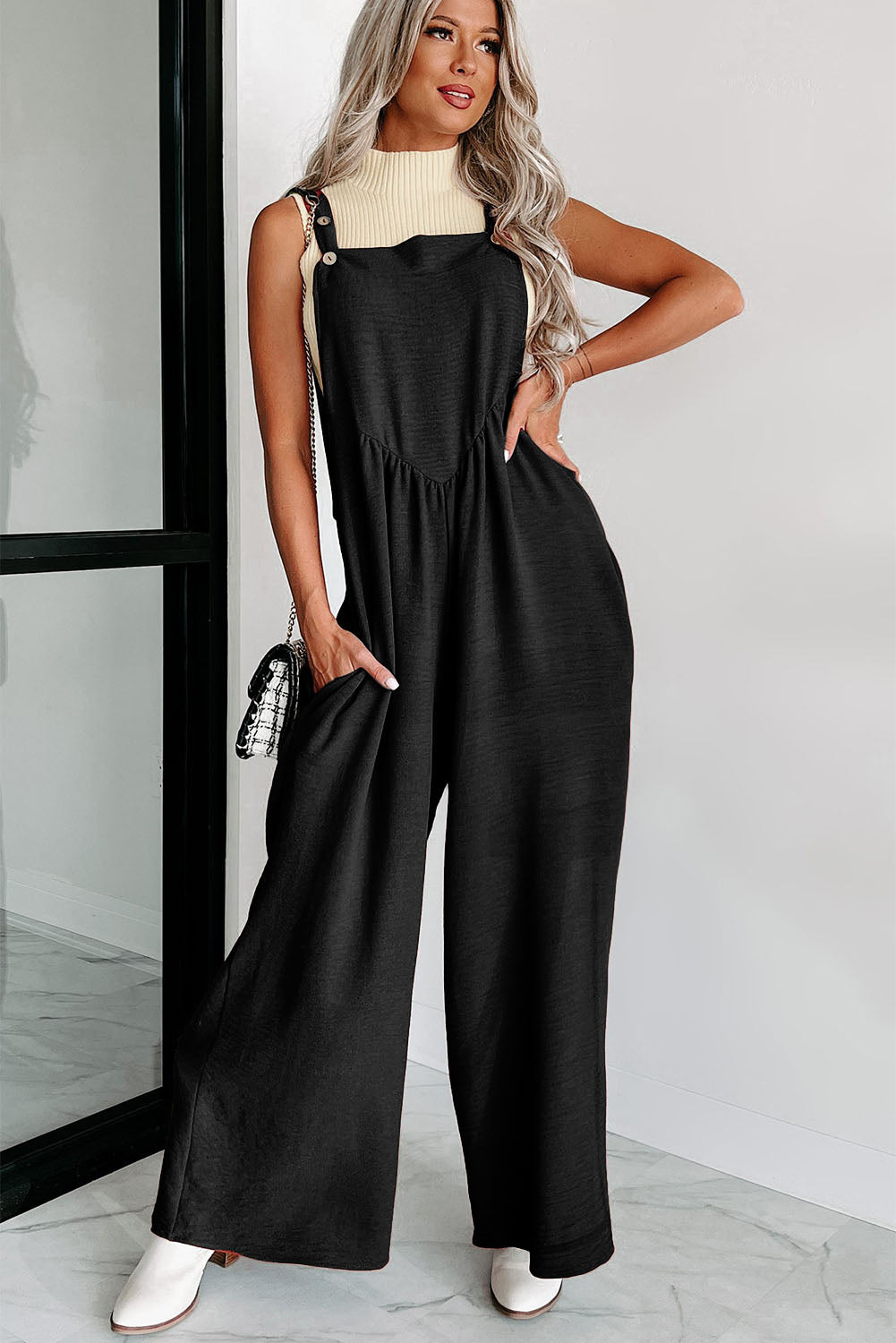 Black Textured Adjustable Straps Ruched Wide Leg Jumpsuit