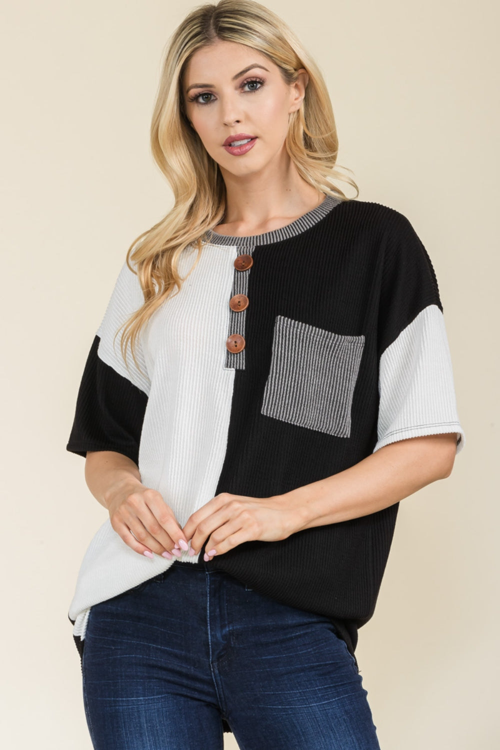 Celeste Full Size Ribbed Color Block Short Sleeve T-Shirt