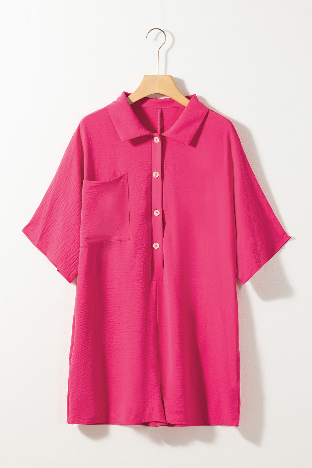 Bright Pink Plain Half Button Collared Pocket Loose Romper